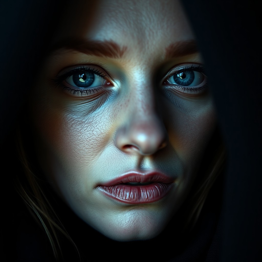 AI generated art for prompt: An enigmatic European woman's captivating portrait showcases her deep blue eyes, reflecting a profou