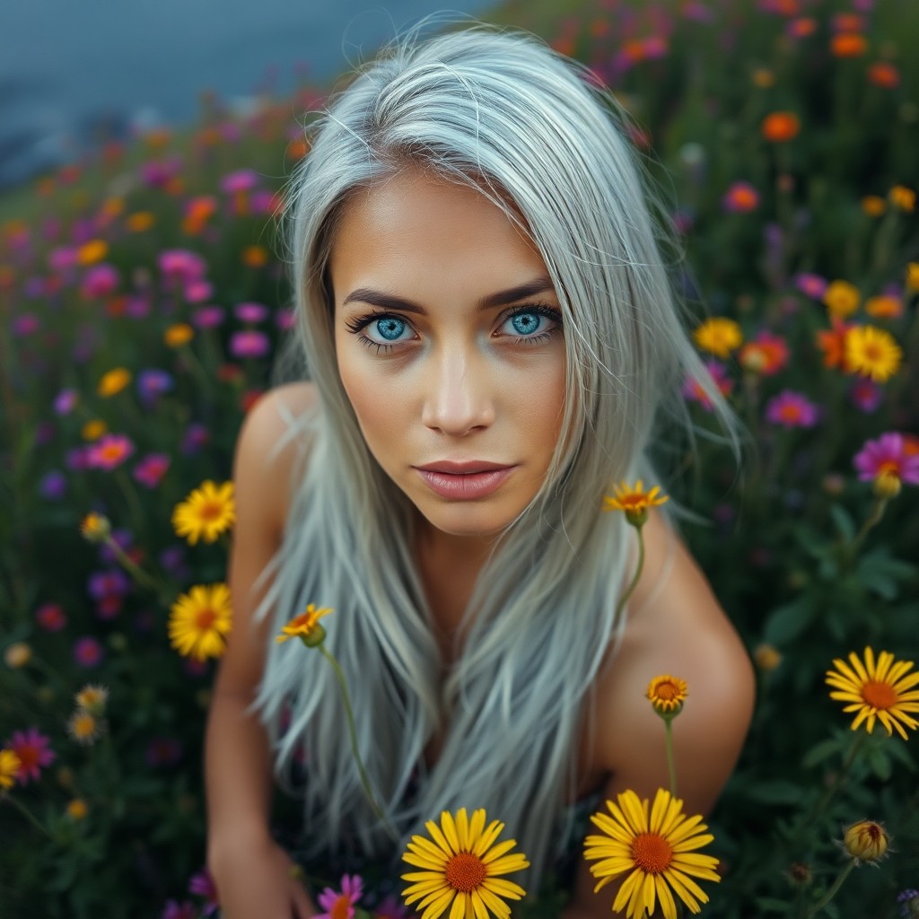 AI generated art for prompt: A portrait photograph captures a serene Pacific Islander woman with striking blue eyes and long silv