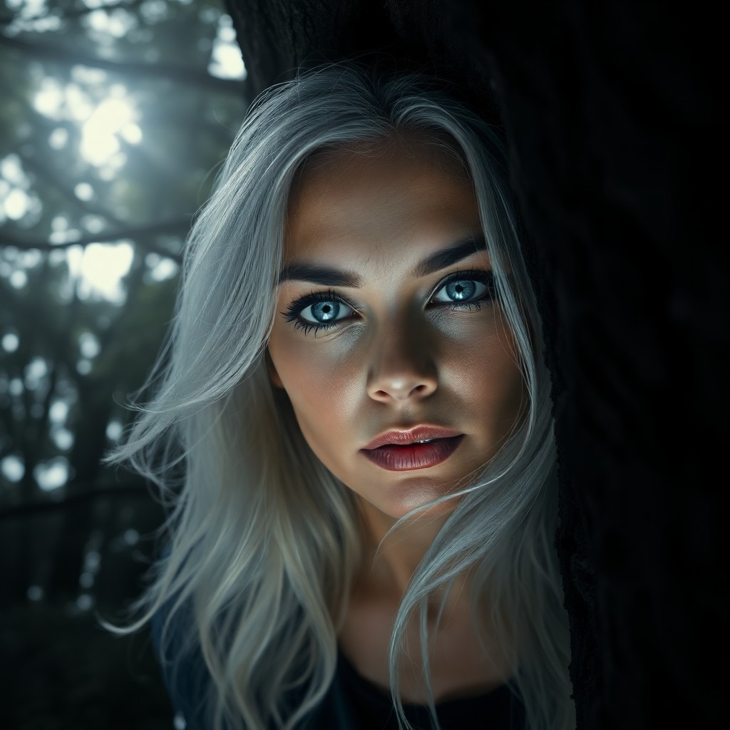 AI generated art for prompt: A portrait photograph reveals an enigmatic Hispanic woman with striking blue eyes and flowing silver