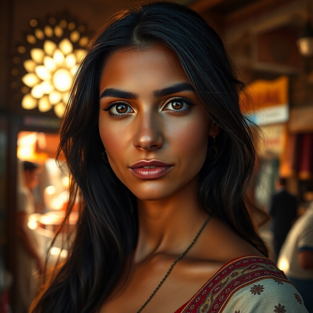 AI generated art for prompt: A photorealistic portrait photograph captures a Middle Eastern woman's soulful gaze, her deep brown 