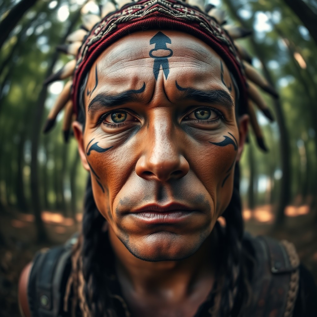 AI generated art for prompt: A hyperrealistic portrait portrays a stoic Native American warrior with piercing green eyes and an a