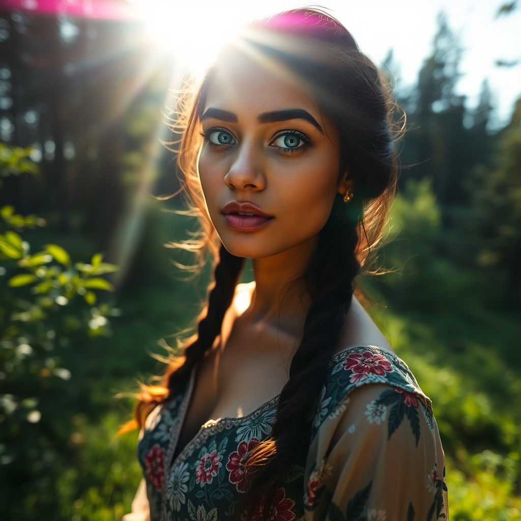 AI generated art for prompt: Craft a photorealistic portrait of a South Asian woman with piercing blue eyes and porcelain skin, b