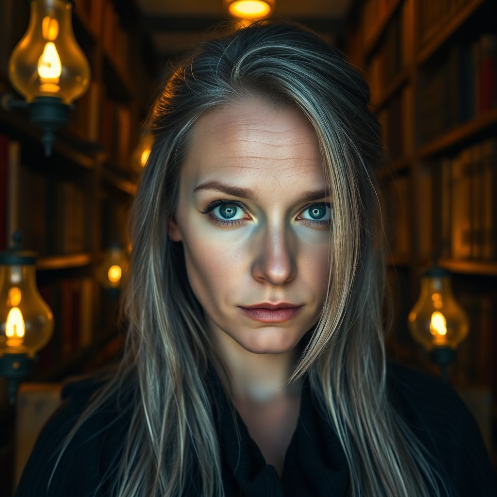 AI generated art for prompt: A photorealistic portrait photograph captures a Nordic woman's enigmatic presence. Her piercing blue