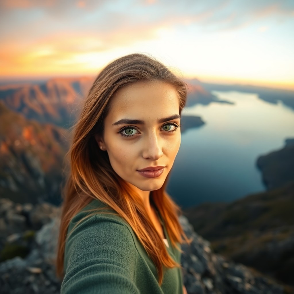 AI generated art for prompt: A Middle Eastern woman, her vibrant green eyes and long golden-brown hair illuminated by the warm su