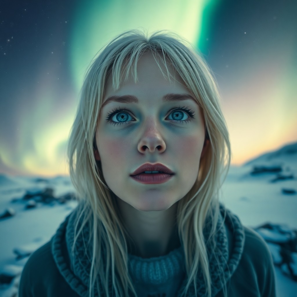 AI generated art for prompt: A portrait photograph portrays a Slavic woman with piercing icy blue eyes and silver-streaked blonde