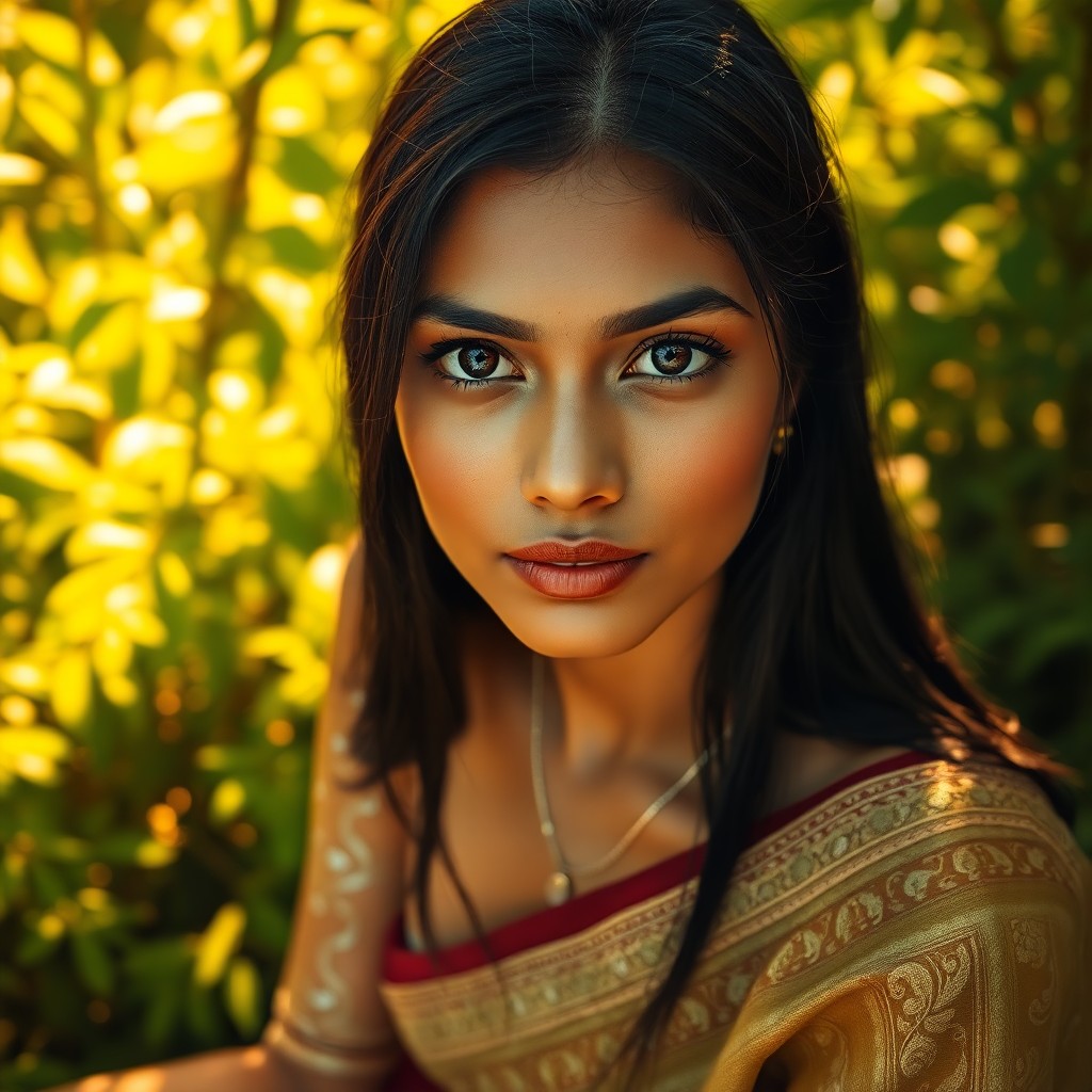 AI generated art for prompt: Visualize a photorealistic portrait of a young South Asian woman, her captivating brown eyes and sle