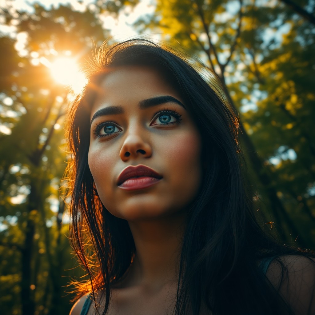 AI generated art for prompt: A photorealistic portrait shot with an iPhone depicts a South Asian woman, her sun-kissed skin illum