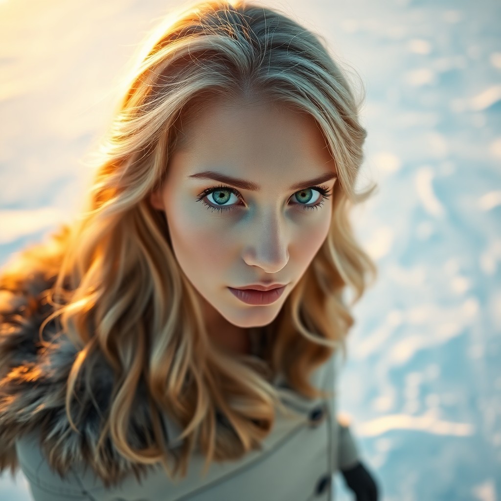 AI generated art for prompt: A captivating Slavic woman with mesmerizing green eyes and golden hair in soft waves stands alone am