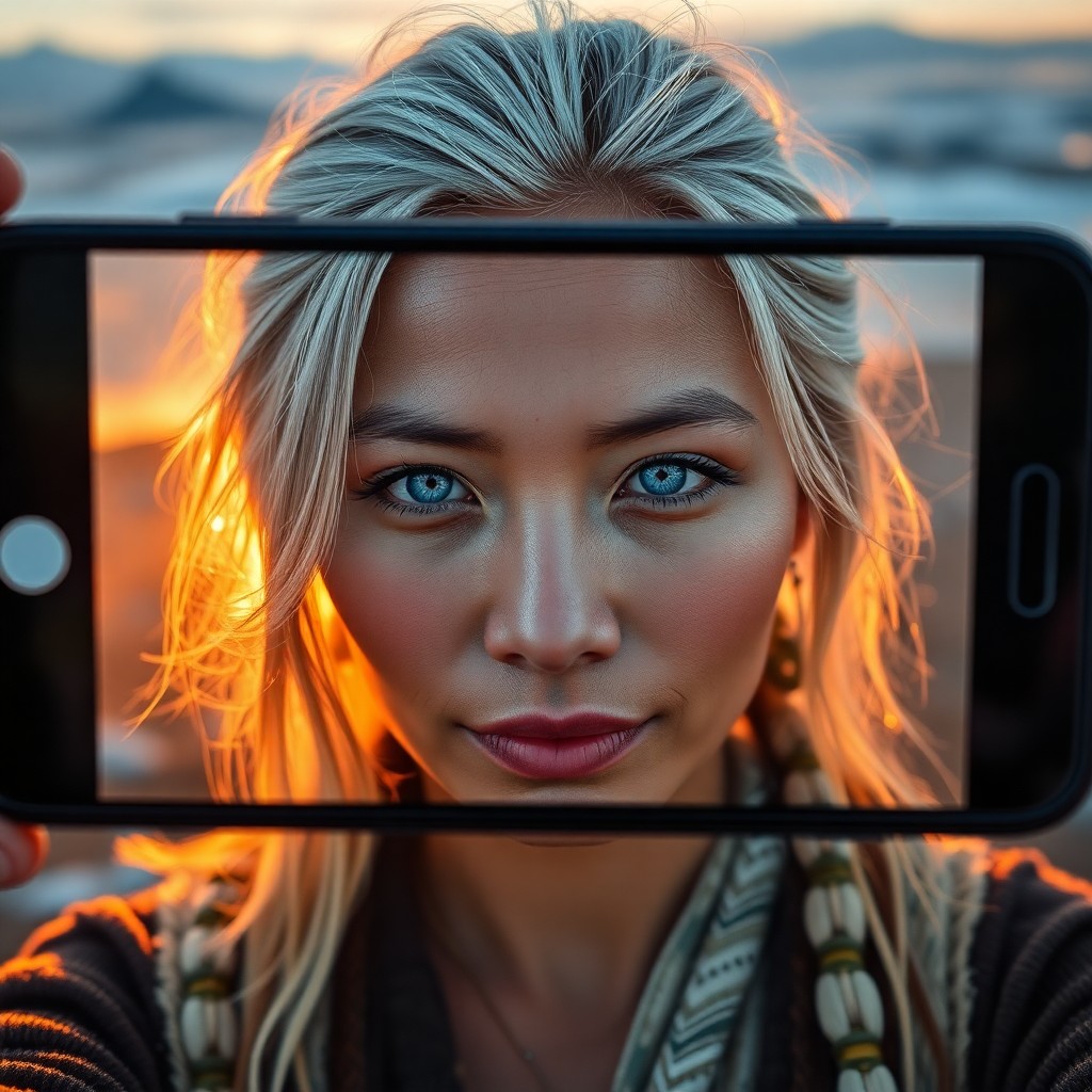 AI generated art for prompt: A smartphone captures a captivating Pacific Islander woman with striking blue eyes and silver hair a