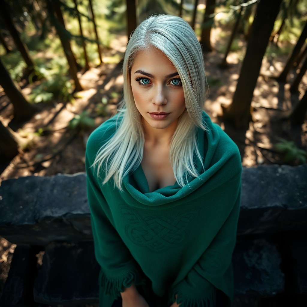 AI generated art for prompt: A portrait photograph showcases a pensive Pacific Islander woman with striking blue eyes and sleek p