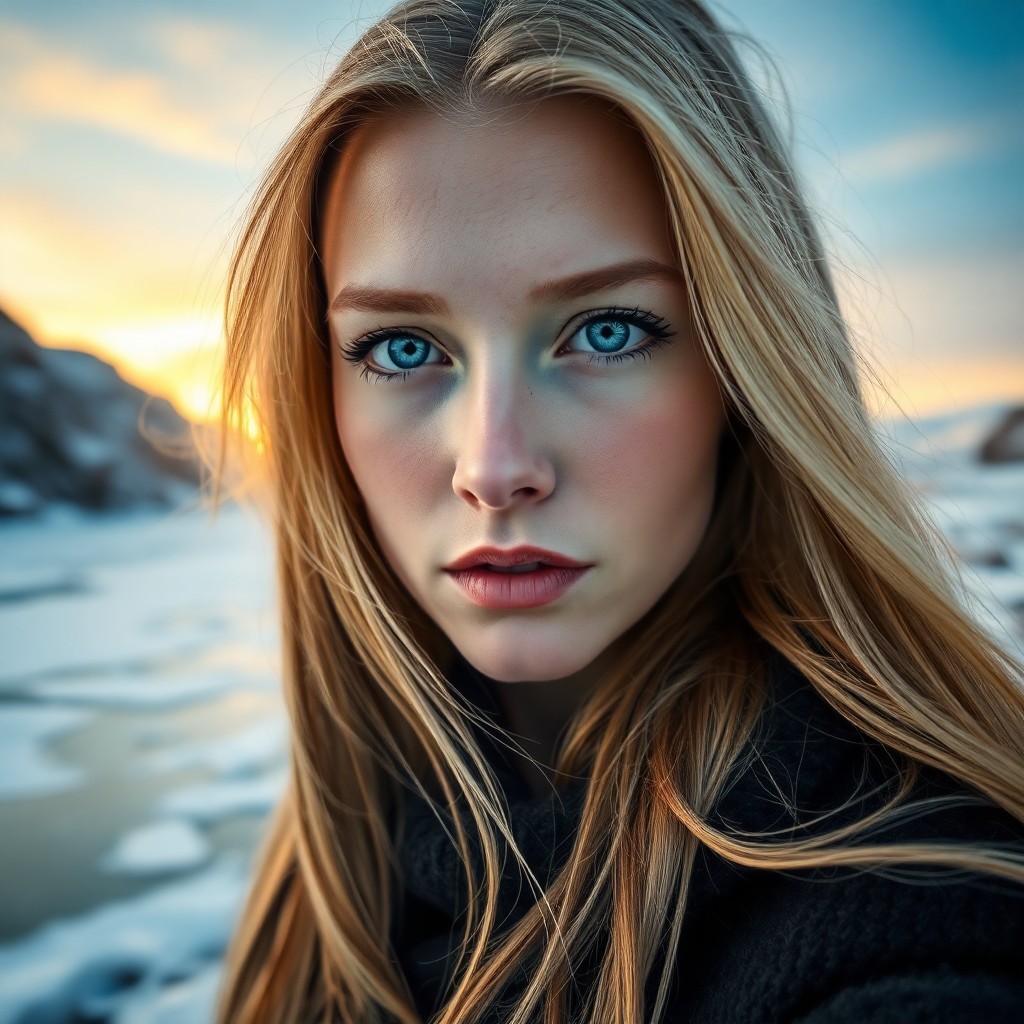 AI generated art for prompt: Envision a hyperrealistic portrait of an enigmatic Slavic woman with captivating ice-blue eyes and f