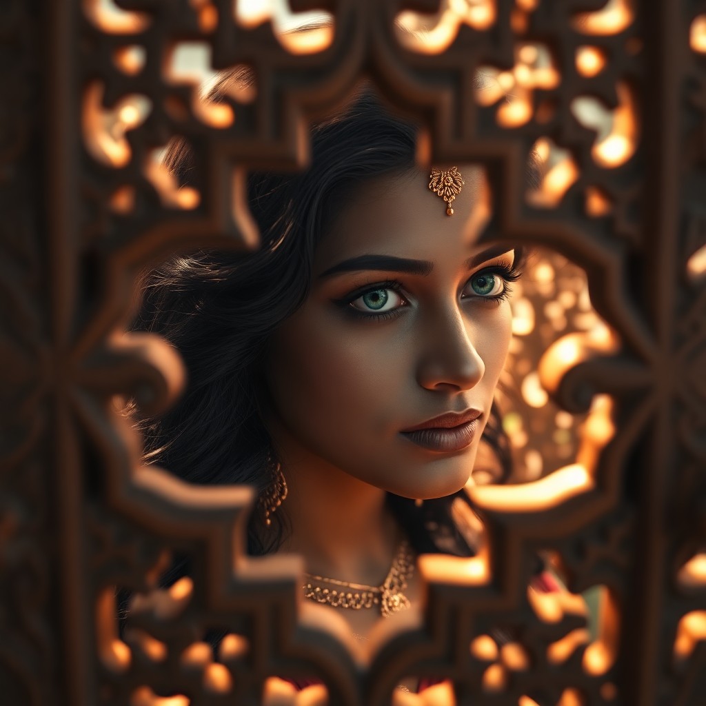 AI generated art for prompt: Envision a photorealistic portrait of an enigmatic South Asian woman with deep emerald green almond-