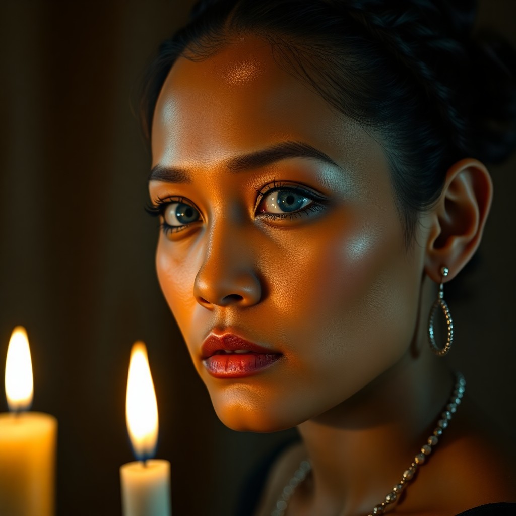 AI generated art for prompt: A hyperrealistic portrait showcases an enigmatic Pacific Islander woman in her prime, illuminated by