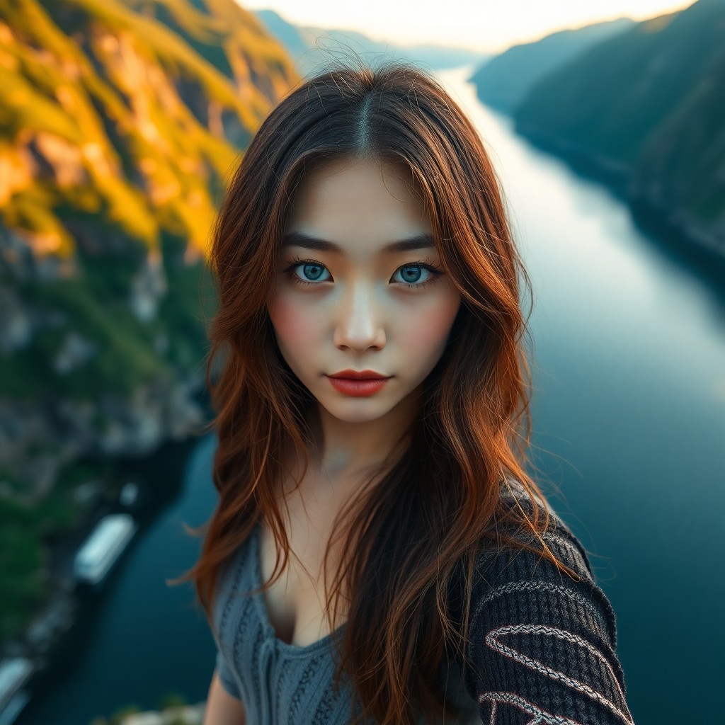 AI generated art for prompt: A mirrorless camera captures an enigmatic East Asian woman with striking azure eyes and sun-kissed h