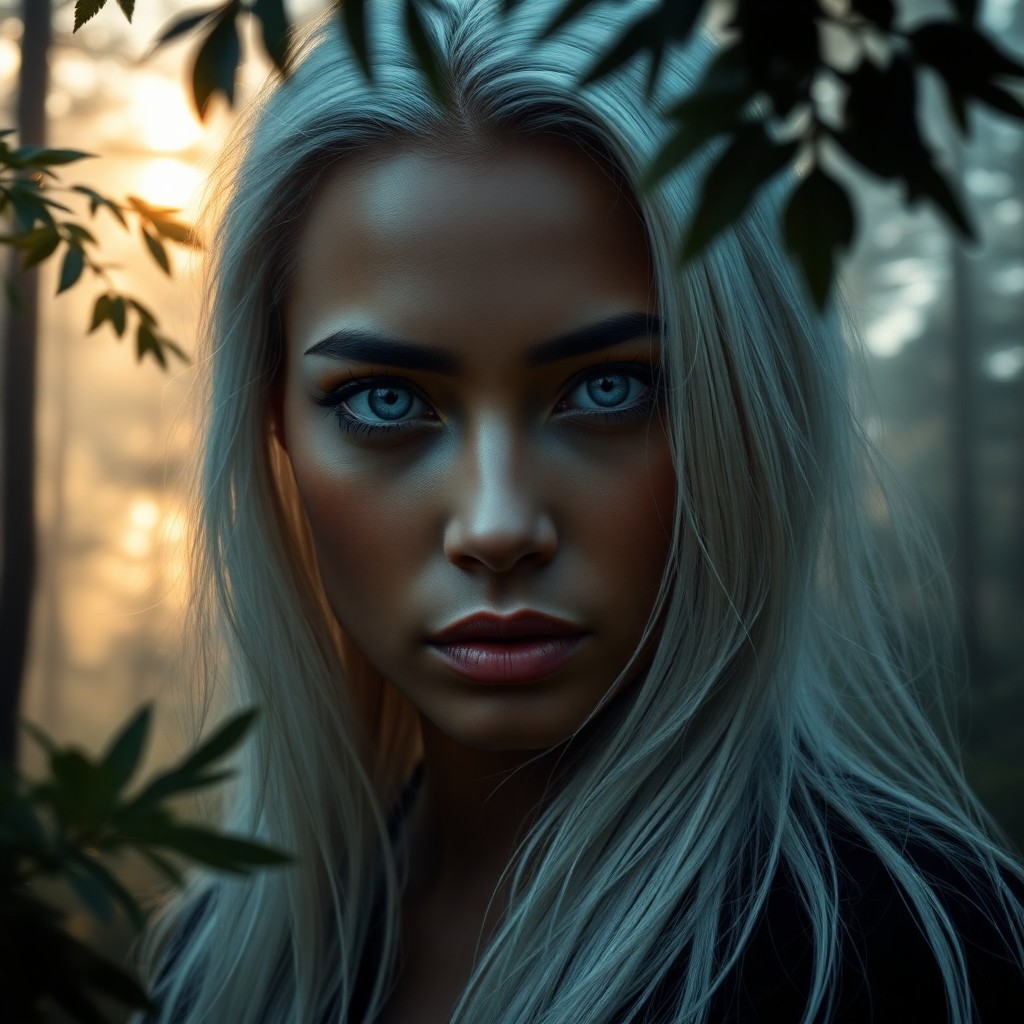 AI generated art for prompt: Craft a photorealistic portrait of an enigmatic Pacific Islander woman with piercing blue eyes and s