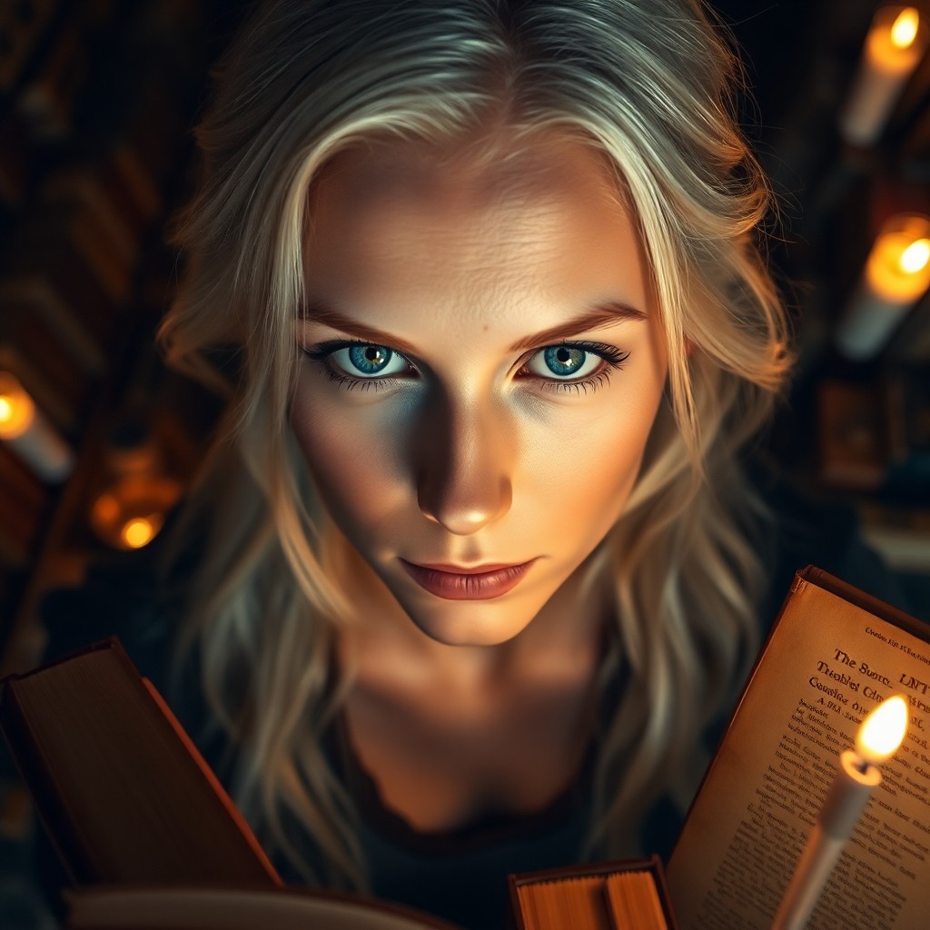 AI generated art for prompt: A portrait photograph illuminates a Nordic woman with piercing blue eyes and silky platinum hair, he