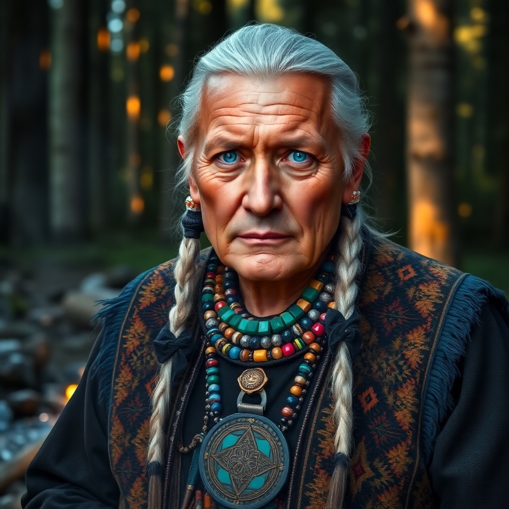 AI generated art for prompt: Craft a photorealistic portrait of a charismatic Native American elder with deep lines and striking 