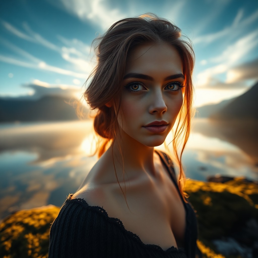 AI generated art for prompt: Envision a photorealistic portrait of a Nordic woman with striking sapphire eyes and chestnut hair, 