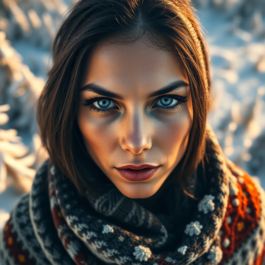 AI generated art for prompt: A captivating portrait of a Hispanic woman with striking blue eyes and long dark lashes, her angular