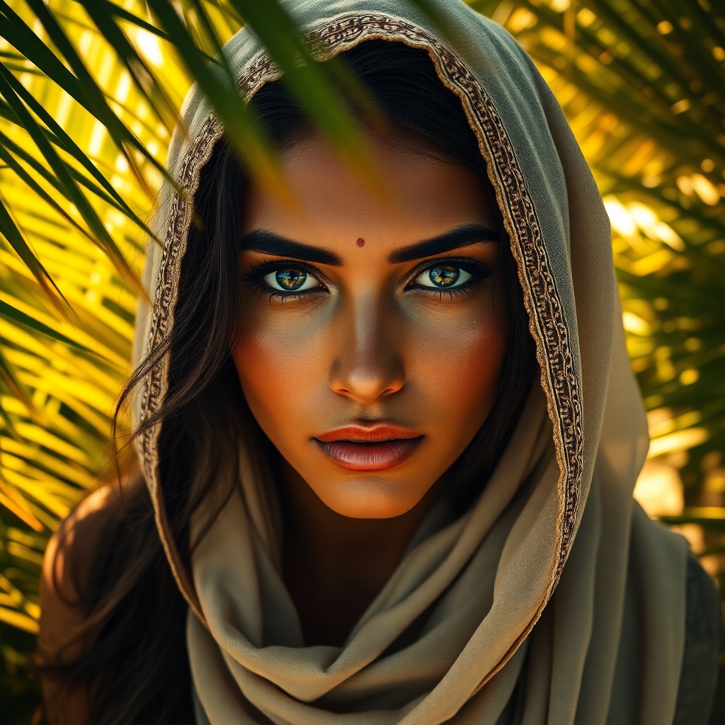 AI generated art for prompt: Envision a photorealistic portrait of an enigmatic Middle Eastern woman with piercing dark eyes and 