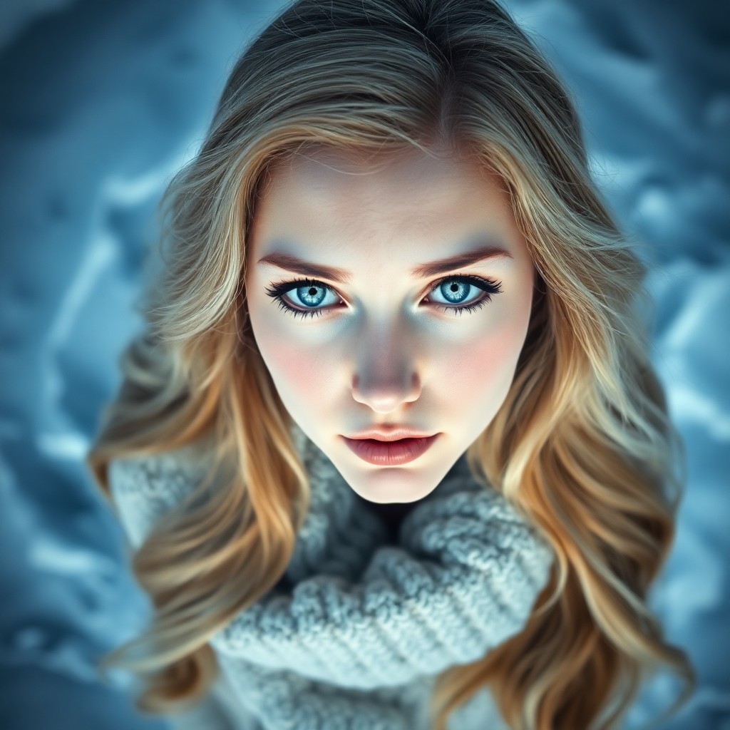 AI generated art for prompt: Craft a photorealistic portrait of an enigmatic European woman with captivating ice-blue eyes and lu