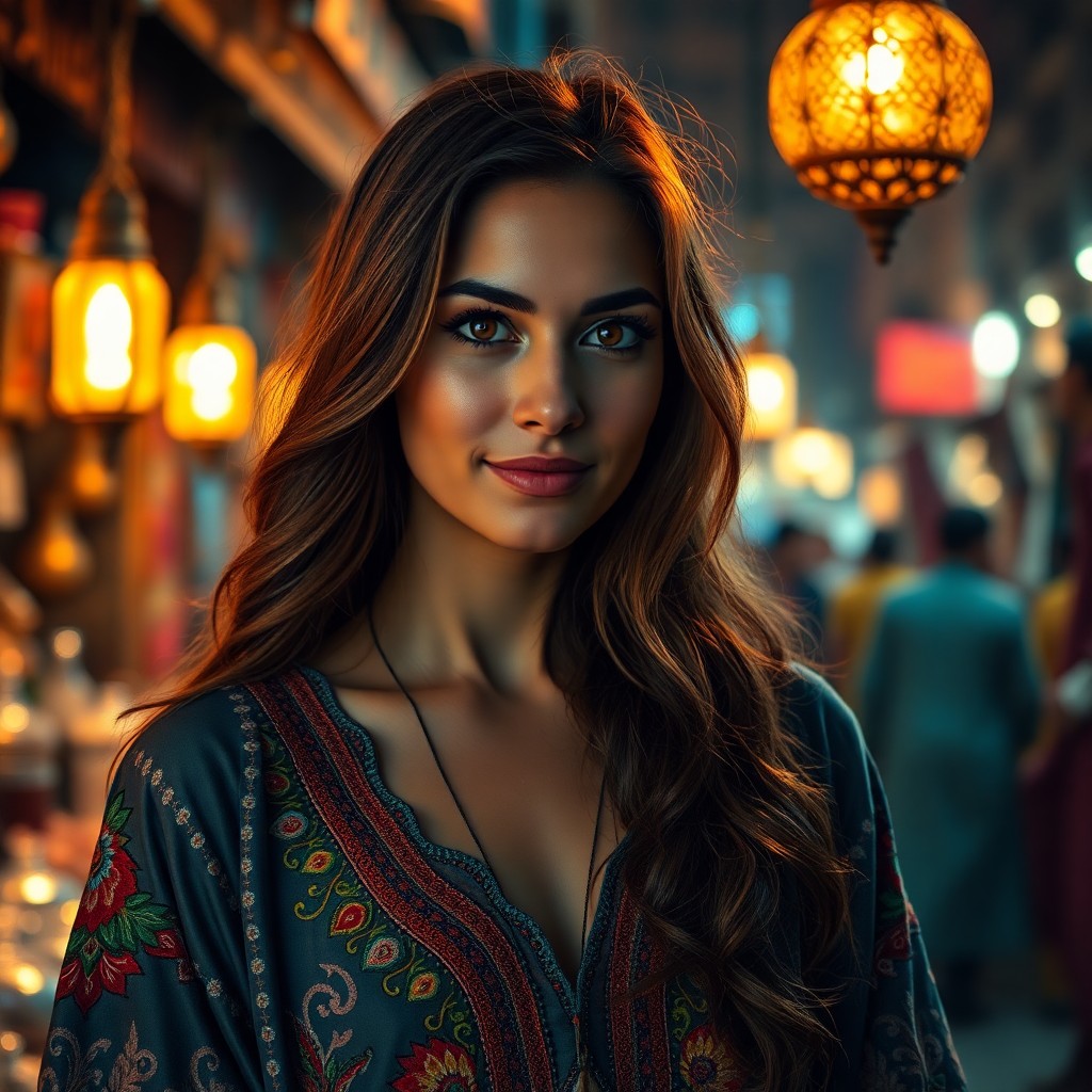 AI generated art for prompt: A photorealistic portrait photograph captures a Middle Eastern woman with mesmerizing dark eyes and 