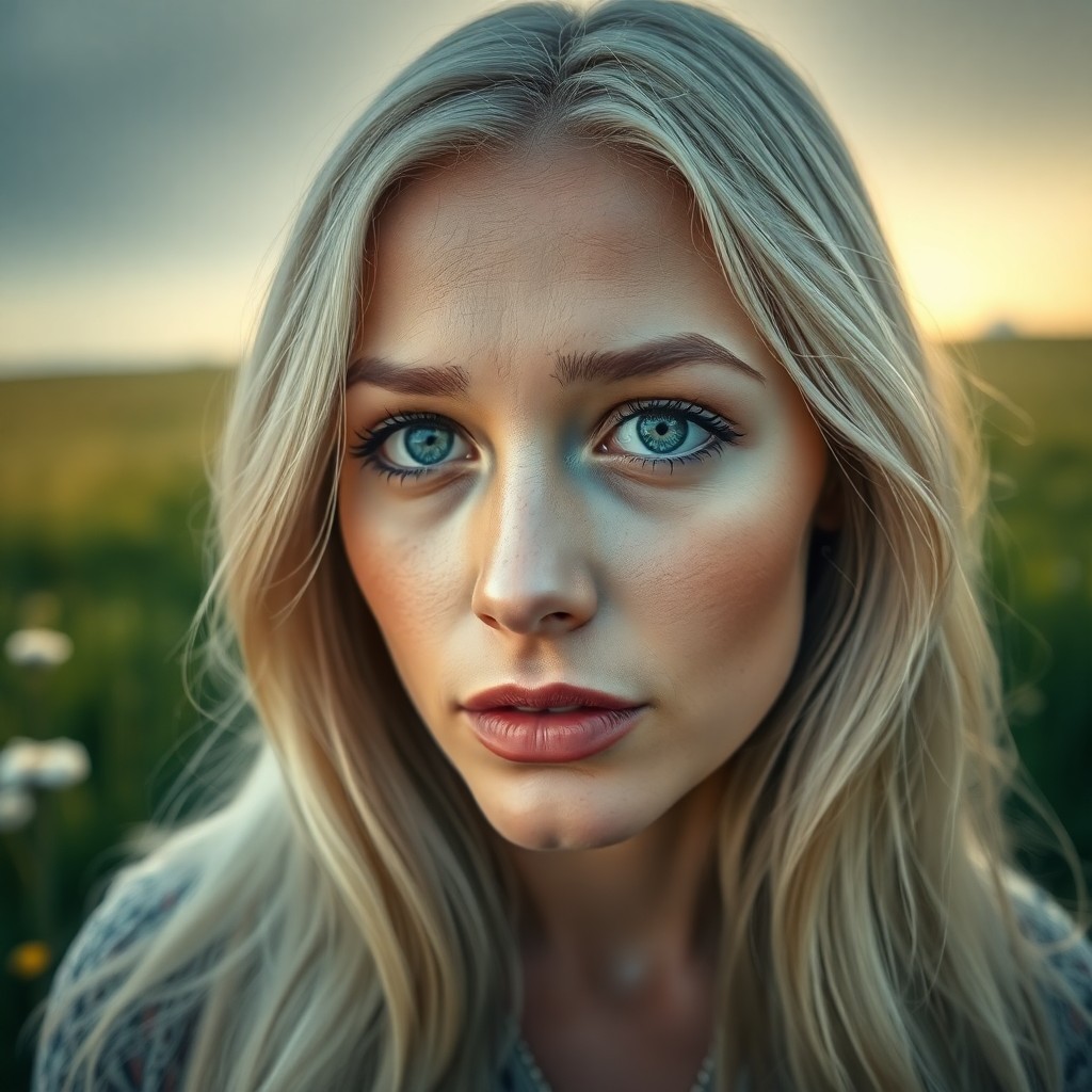 AI generated art for prompt: A portrait photograph depicts a Middle Eastern woman with striking green eyes and long platinum-blon