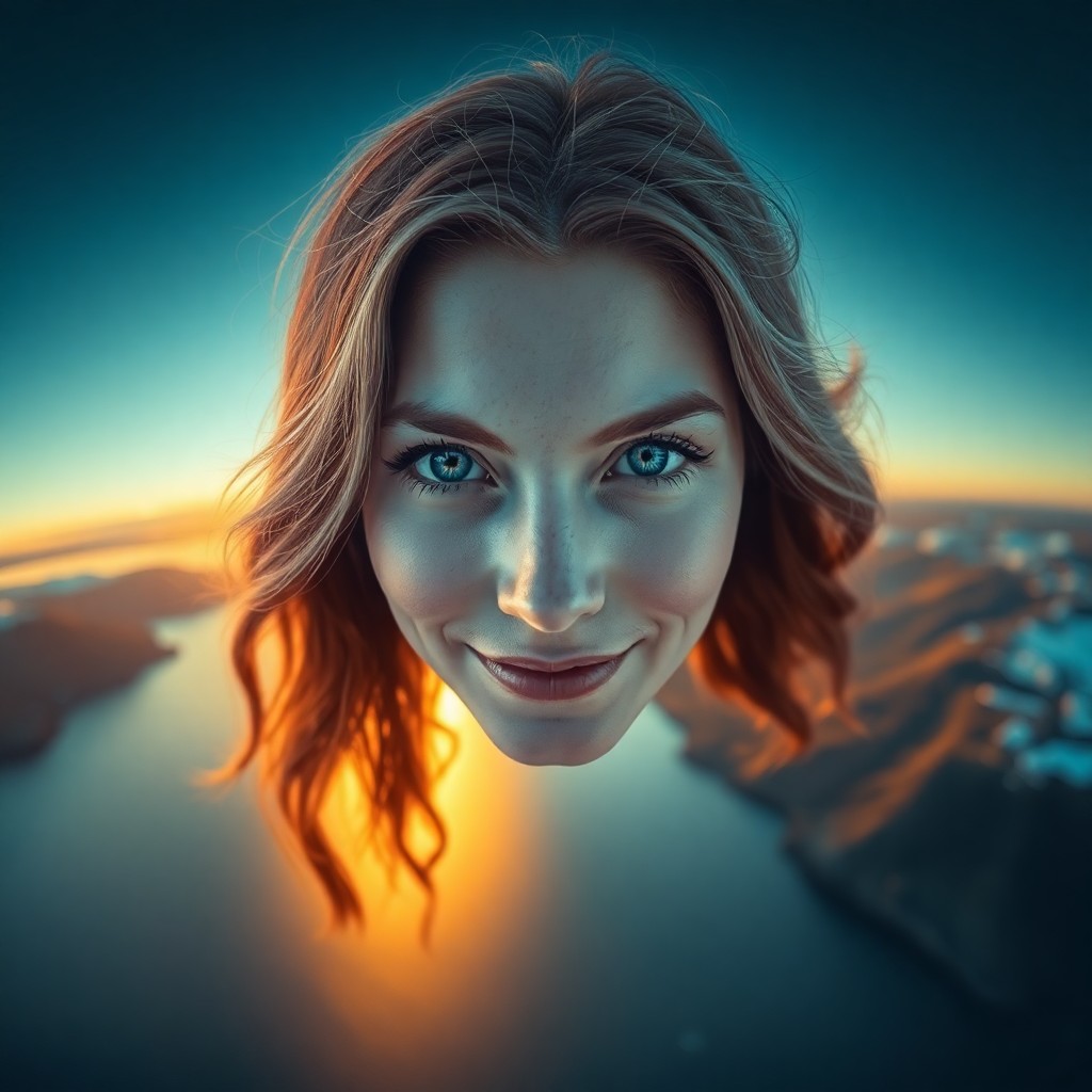 AI generated art for prompt: An ethereal portrait of a Nordic woman with ice-blue eyes and silver-streaked auburn hair, her enigm