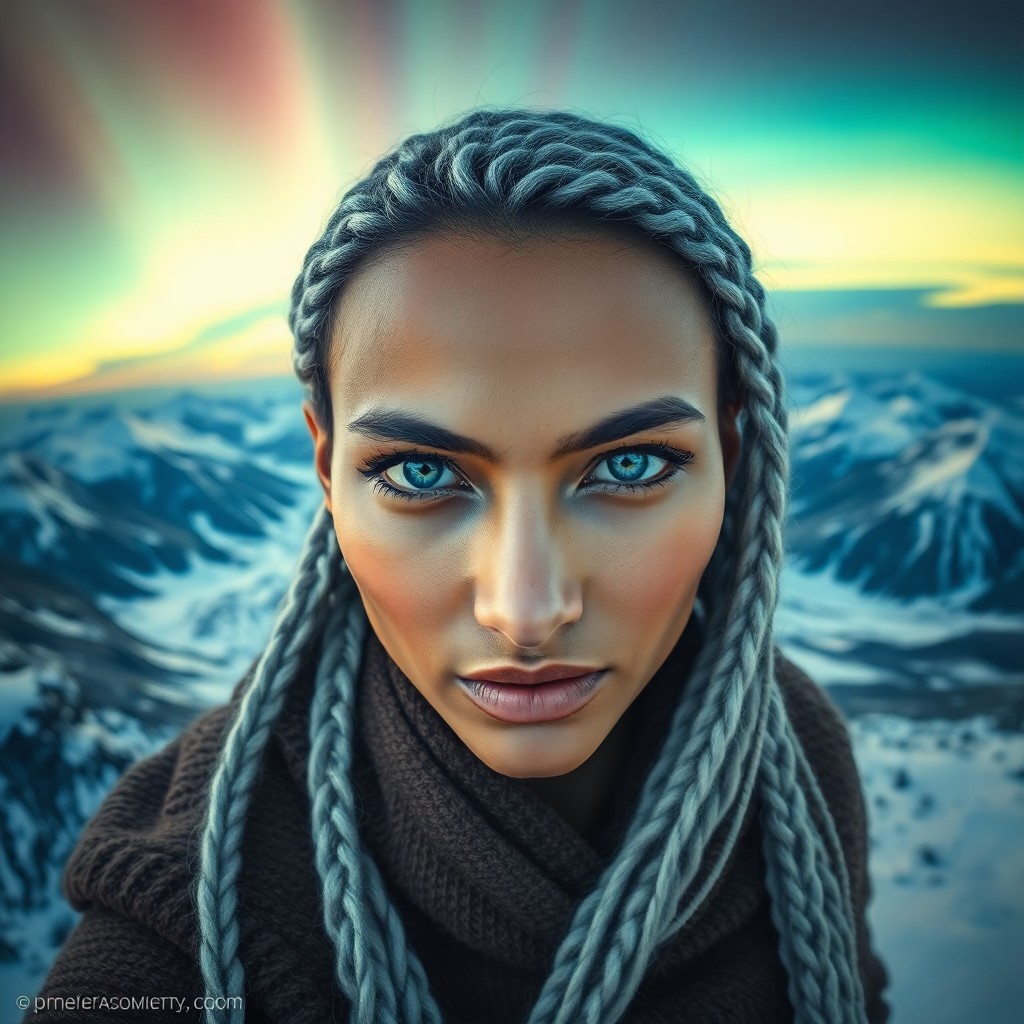 AI generated art for prompt: Envision a captivating South Asian woman with piercing blue eyes and silvery-white braids against sn