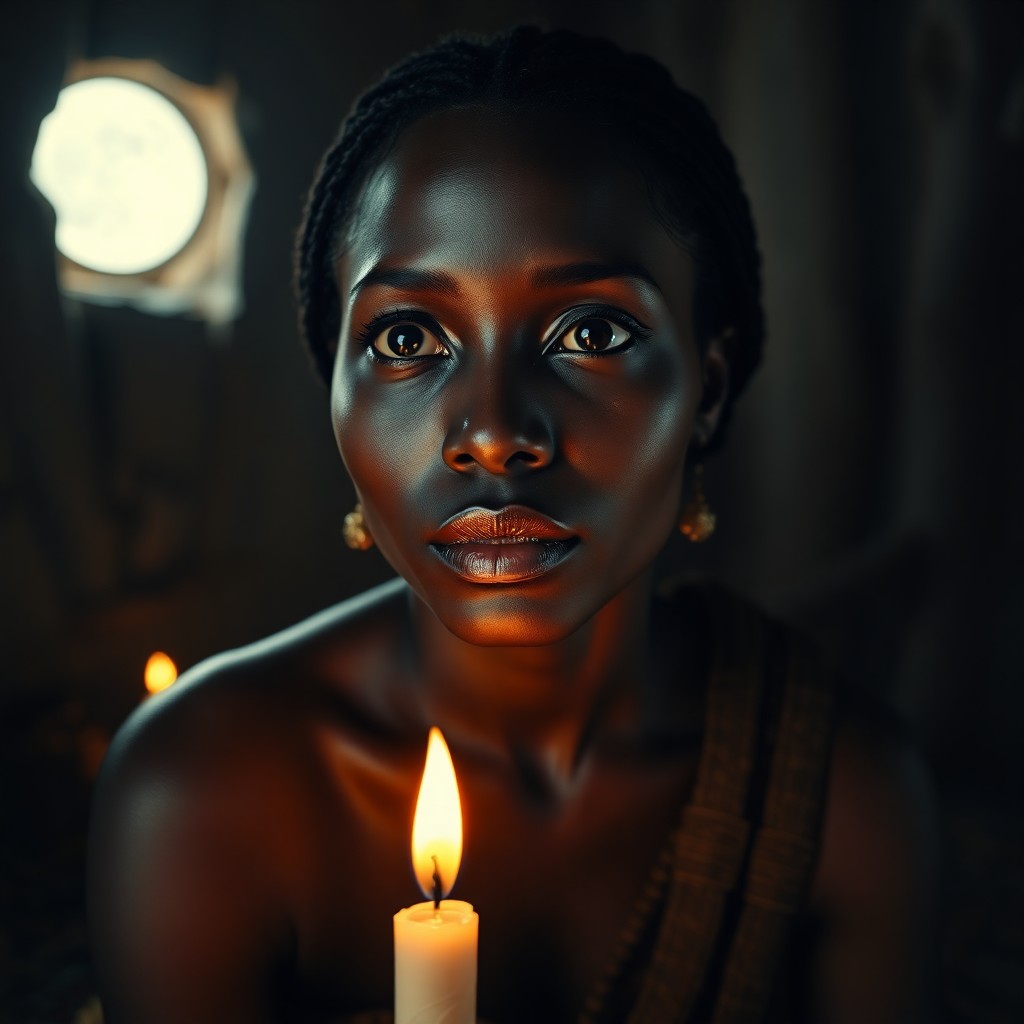 AI generated art for prompt: Imagine a serene African woman with captivating dark eyes and smooth caramel skin in a super-realist