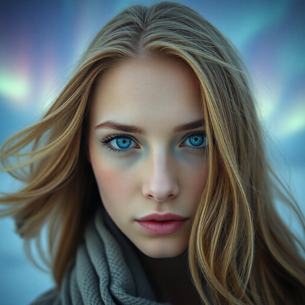 AI generated art for prompt: A captivating Middle Eastern woman with piercing ice-blue eyes and flowing golden locks is depicted 