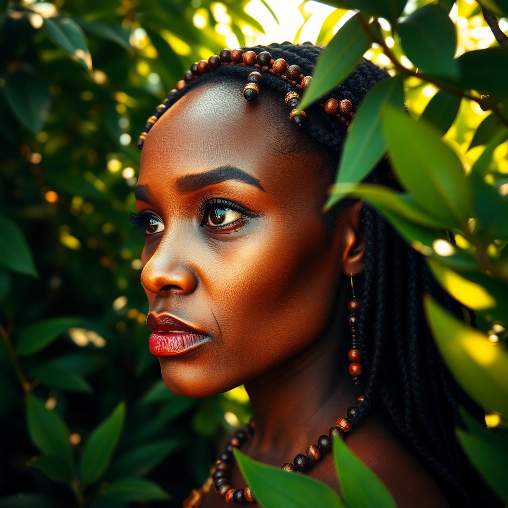 AI generated art for prompt: Imagine a captivating portrait of an African woman with warm honey-toned skin, piercing amber eyes, 