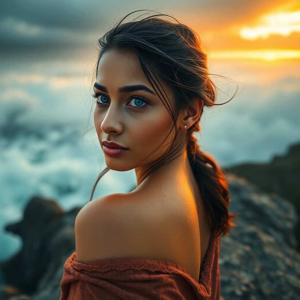 AI generated art for prompt: Craft a photorealistic portrait of a South Asian woman with mesmerizing blue eyes, gazing contemplat