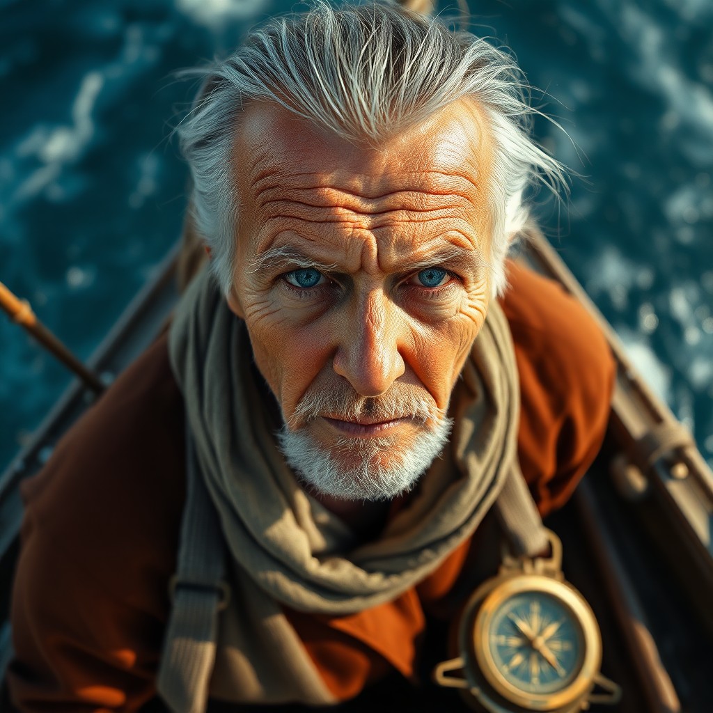 AI generated art for prompt: Envision an aged Eastern European fisherman with piercing blue eyes and silver hair in a neat ponyta