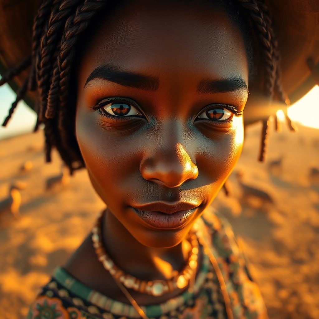 AI generated art for prompt: A photorealistic portrait captures an East African woman's enigmatic allure with luminous brown eyes