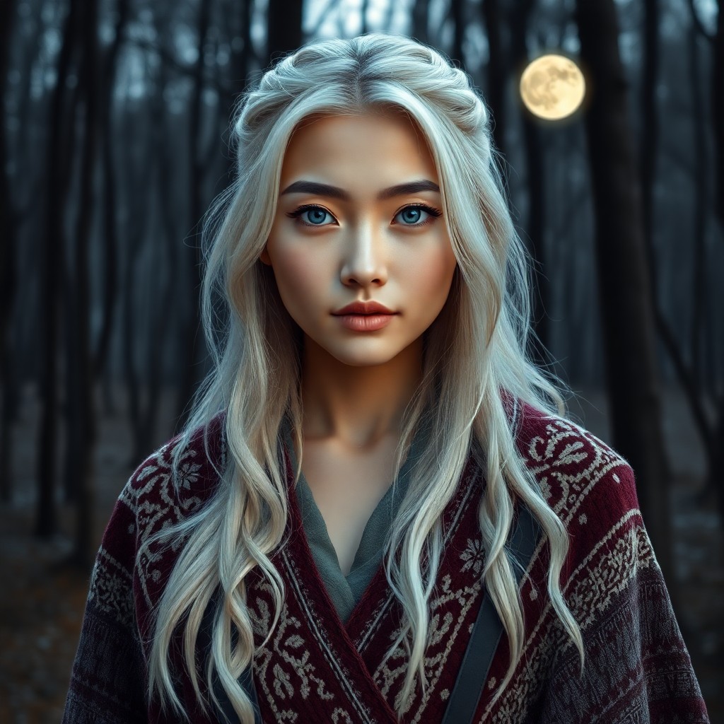 AI generated art for prompt: Craft an ultrarealistic DSLR portrait of an East Asian woman with piercing blue eyes and platinum bl