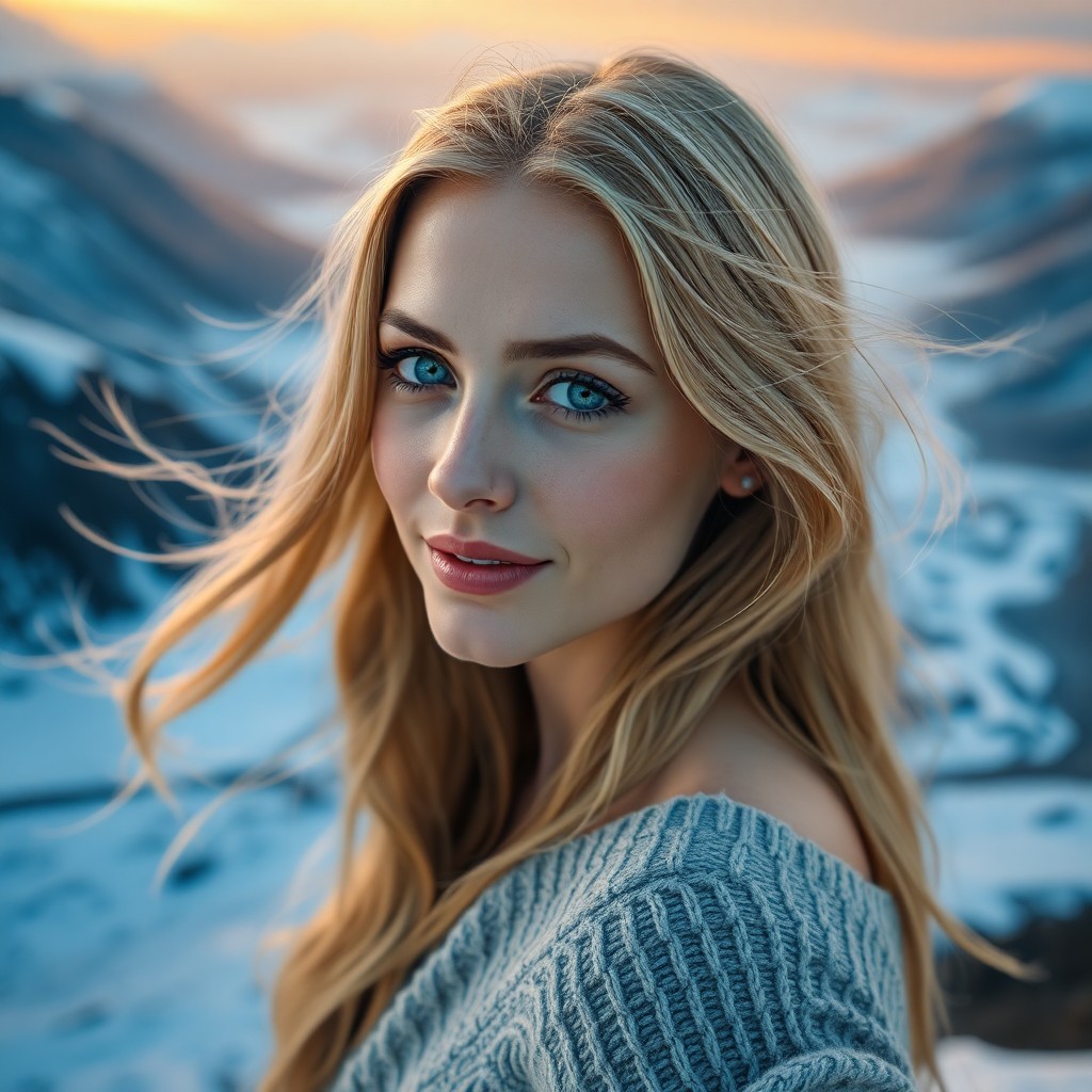 AI generated art for prompt: Craft a photorealistic portrait of a European woman with captivating blue eyes and flowing golden ha