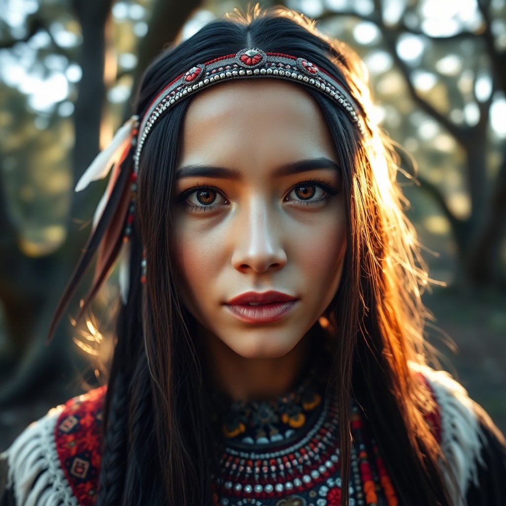 AI generated art for prompt: Craft a hyperrealistic portrait of a serene Native American woman. Her profound brown eyes, expressi