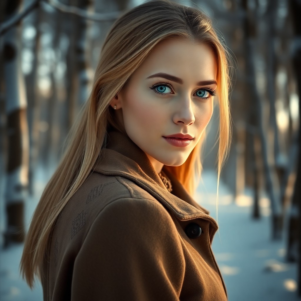 AI generated art for prompt: Craft a hyperrealistic portrait of a Slavic woman in her thirties with piercing blue eyes and waist-