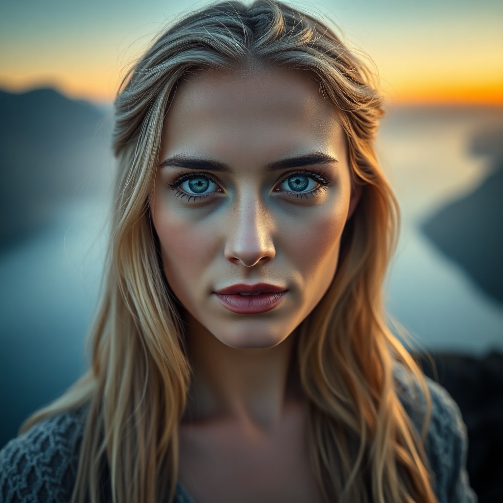 AI generated art for prompt: A serene Middle Eastern woman, with striking icy blue eyes and cascading blonde hair, stands against