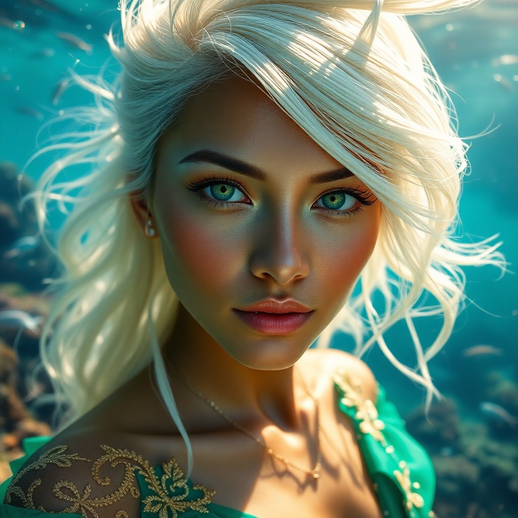 AI generated art for prompt: Craft a photorealistic portrait of a captivating Pacific Islander woman with vibrant green eyes and 