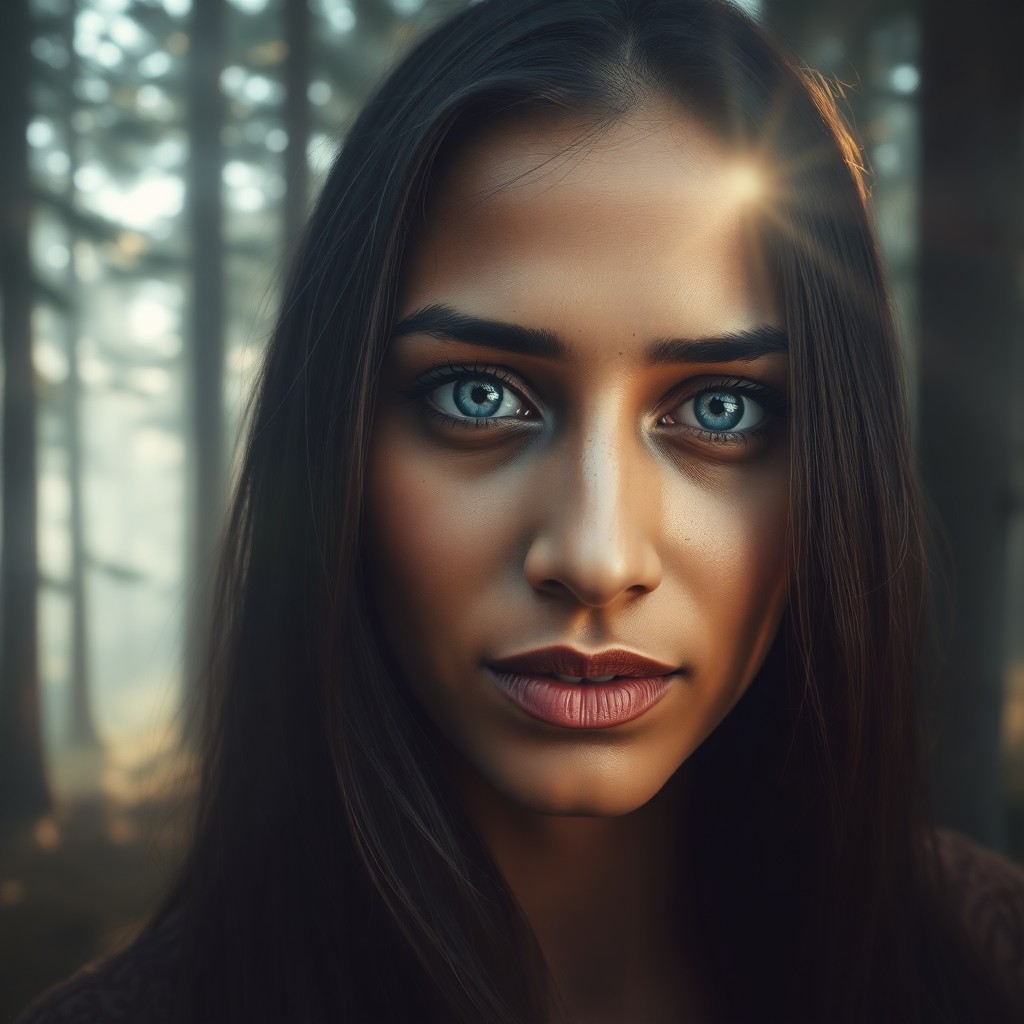 AI generated art for prompt: Envision a portrait of a South Asian woman with piercing blue eyes amidst the ethereal mist of a Sca