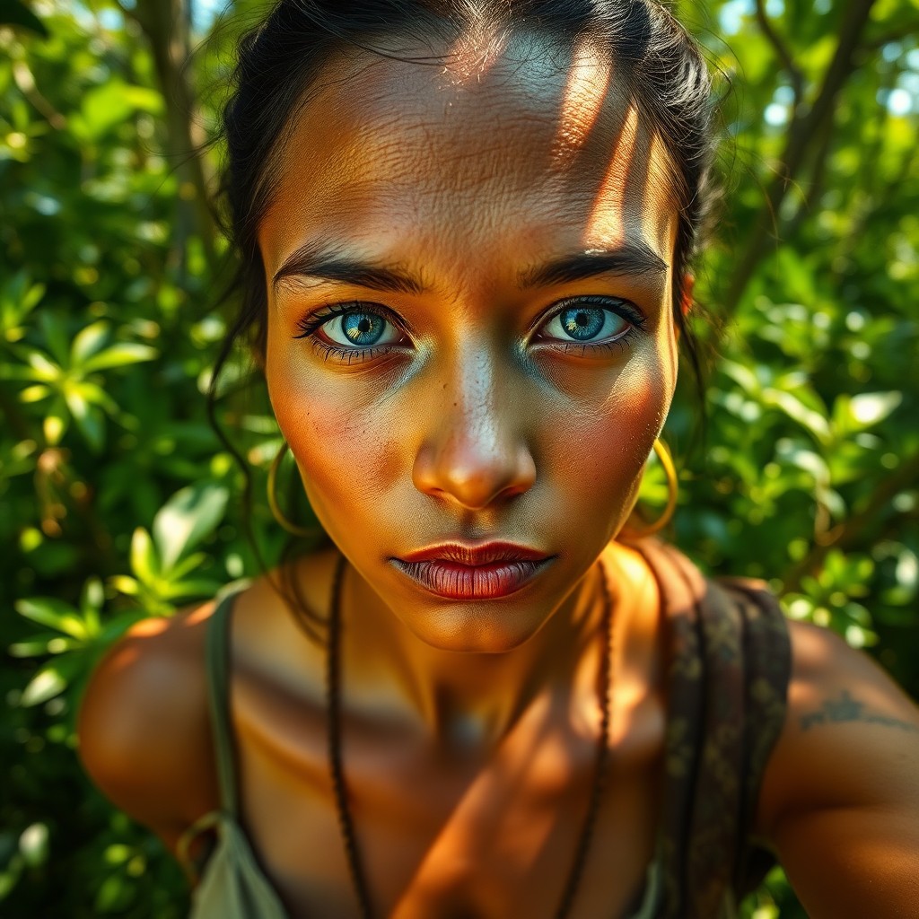 AI generated art for prompt: Craft an iPhone portrait of a stoic Pacific Islander woman with piercing blue eyes, her serene expre