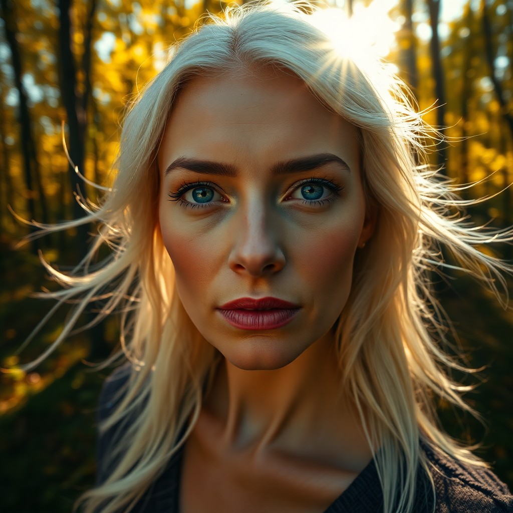 AI generated art for prompt: A photorealistic portrait of a Slavic woman with intense sapphire eyes and flowing platinum blonde h