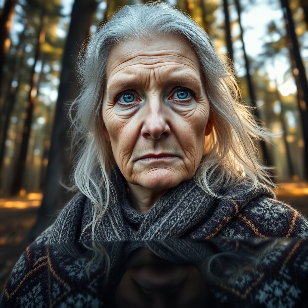 AI generated art for prompt: Craft a photorealistic portrait of an elderly Nordic woman with vibrant blue eyes and flowing silver