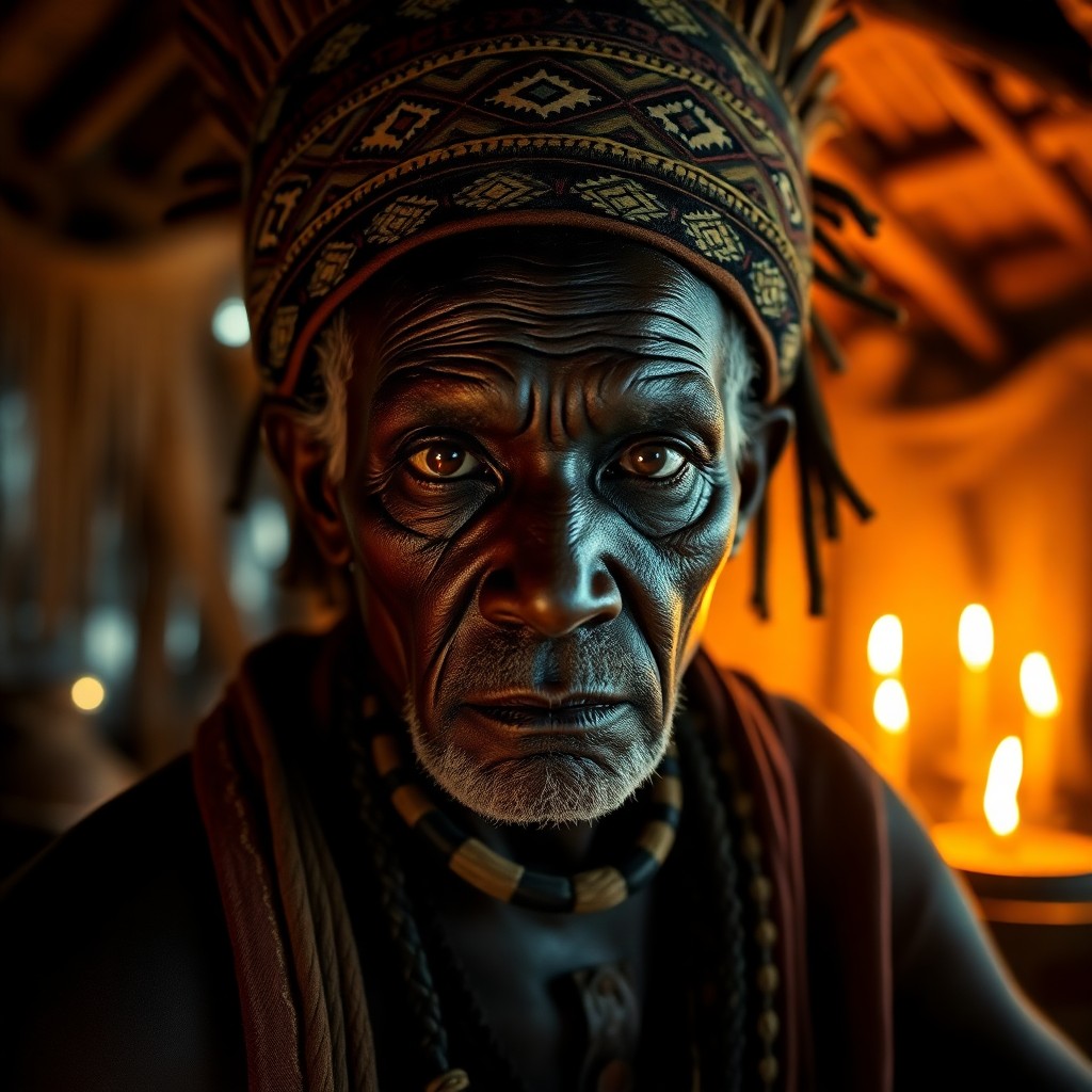 AI generated art for prompt: Create an ultra-realistic portrait of a mysterious African tribal elder with deep-set eyes and a wea