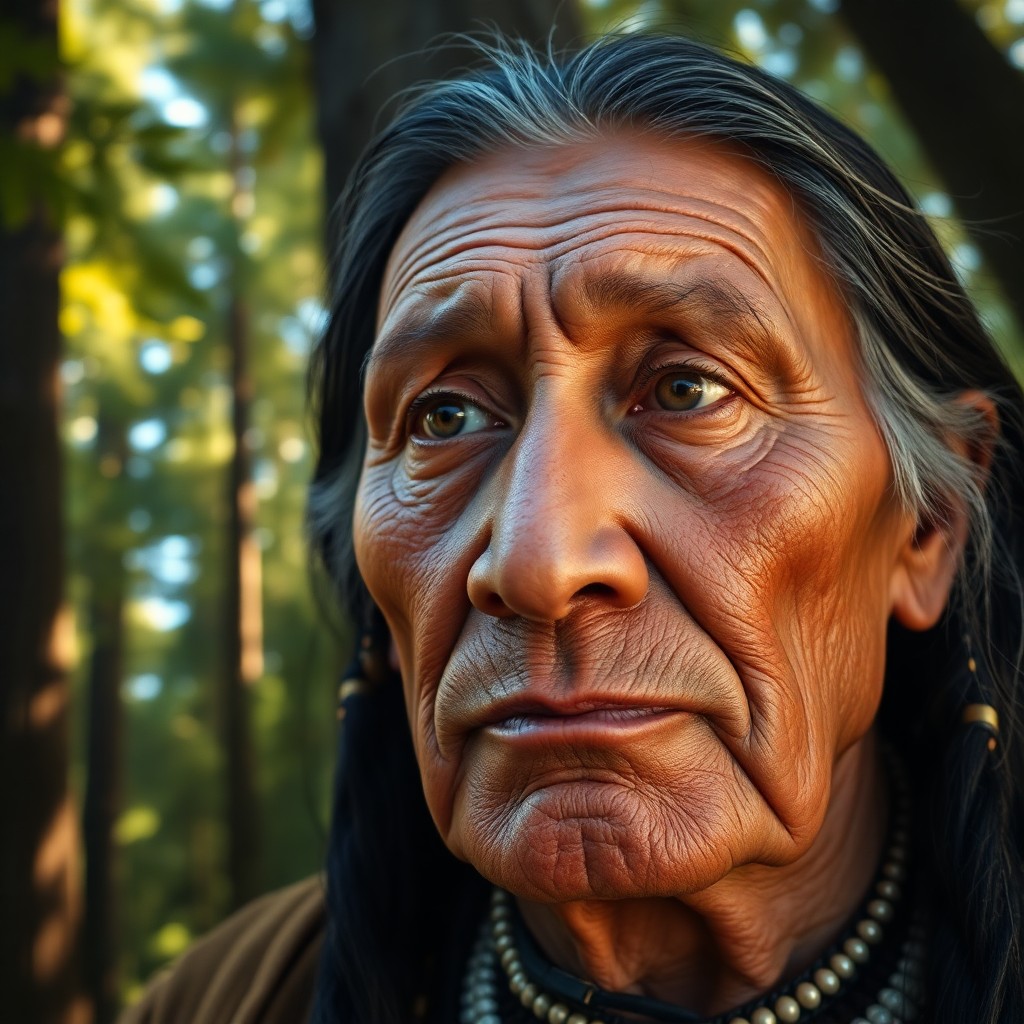 AI generated art for prompt: Craft a photorealistic portrait capturing the serene expression of an aged Native American elder wit