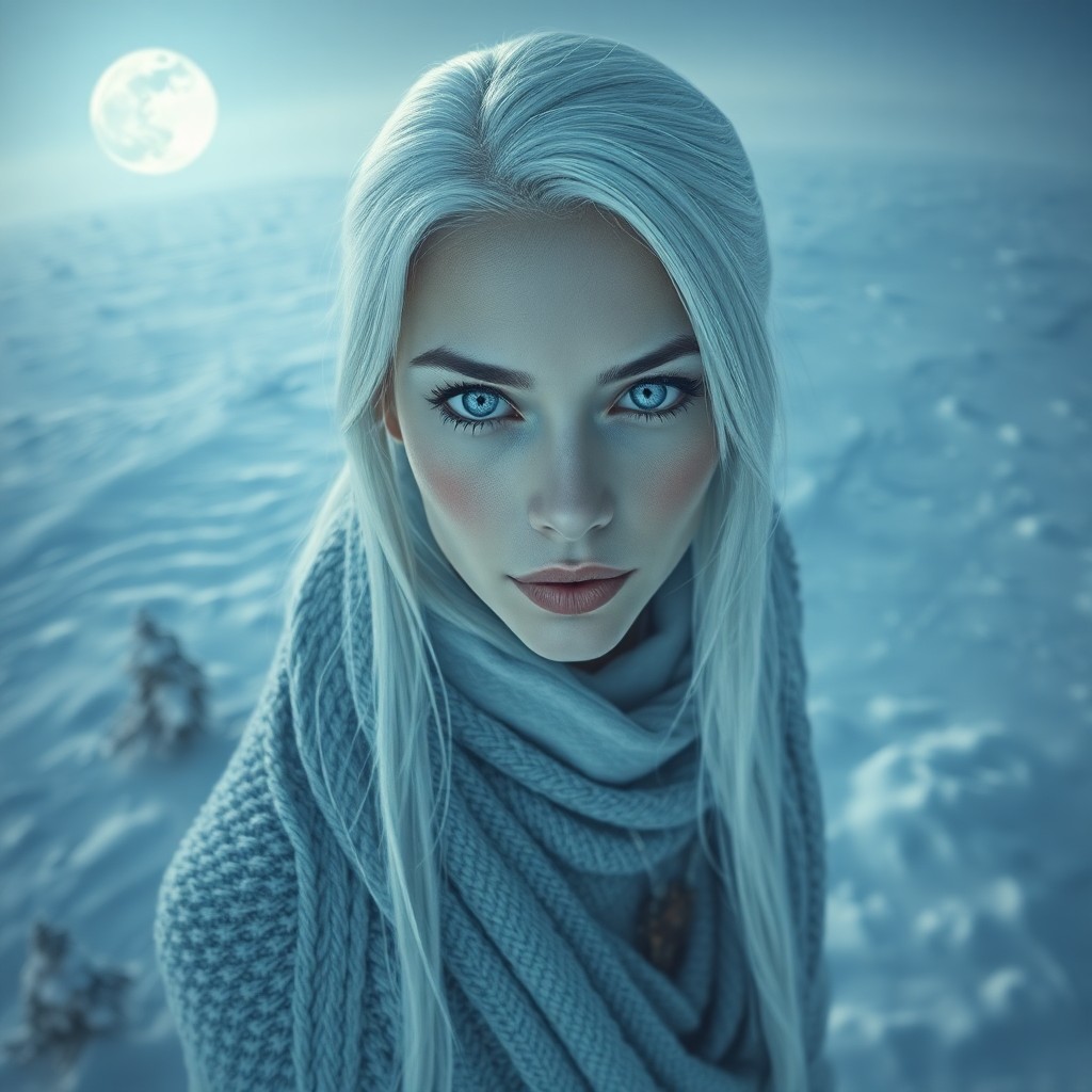 AI generated art for prompt: Craft a photorealistic portrait of an enigmatic Middle Eastern woman with captivating ice-blue eyes 