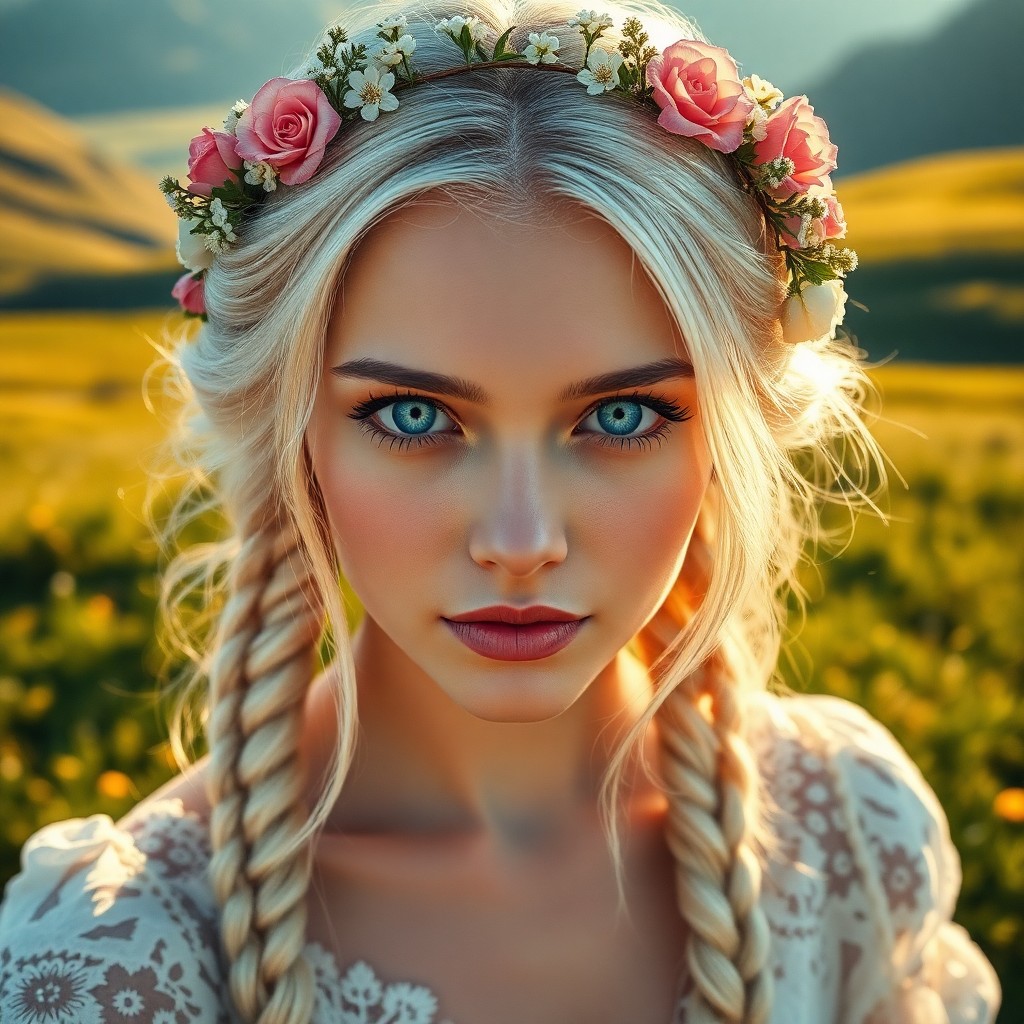 AI generated art for prompt: A photorealistic portrait photograph featuring a European woman with captivating ice-blue eyes and p