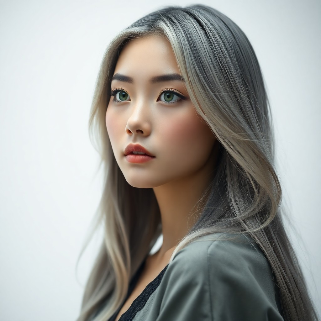 AI generated art for prompt: A photorealistic portrait photograph of an enigmatic East Asian woman, showcasing her piercing green